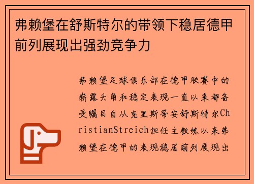 弗赖堡在舒斯特尔的带领下稳居德甲前列展现出强劲竞争力