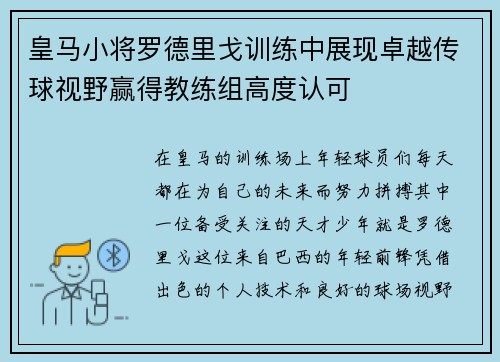 皇马小将罗德里戈训练中展现卓越传球视野赢得教练组高度认可